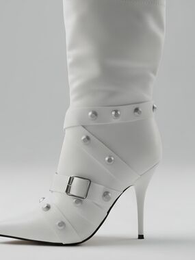 Studded White Stiletto Mid-Calf Boots with Buckle